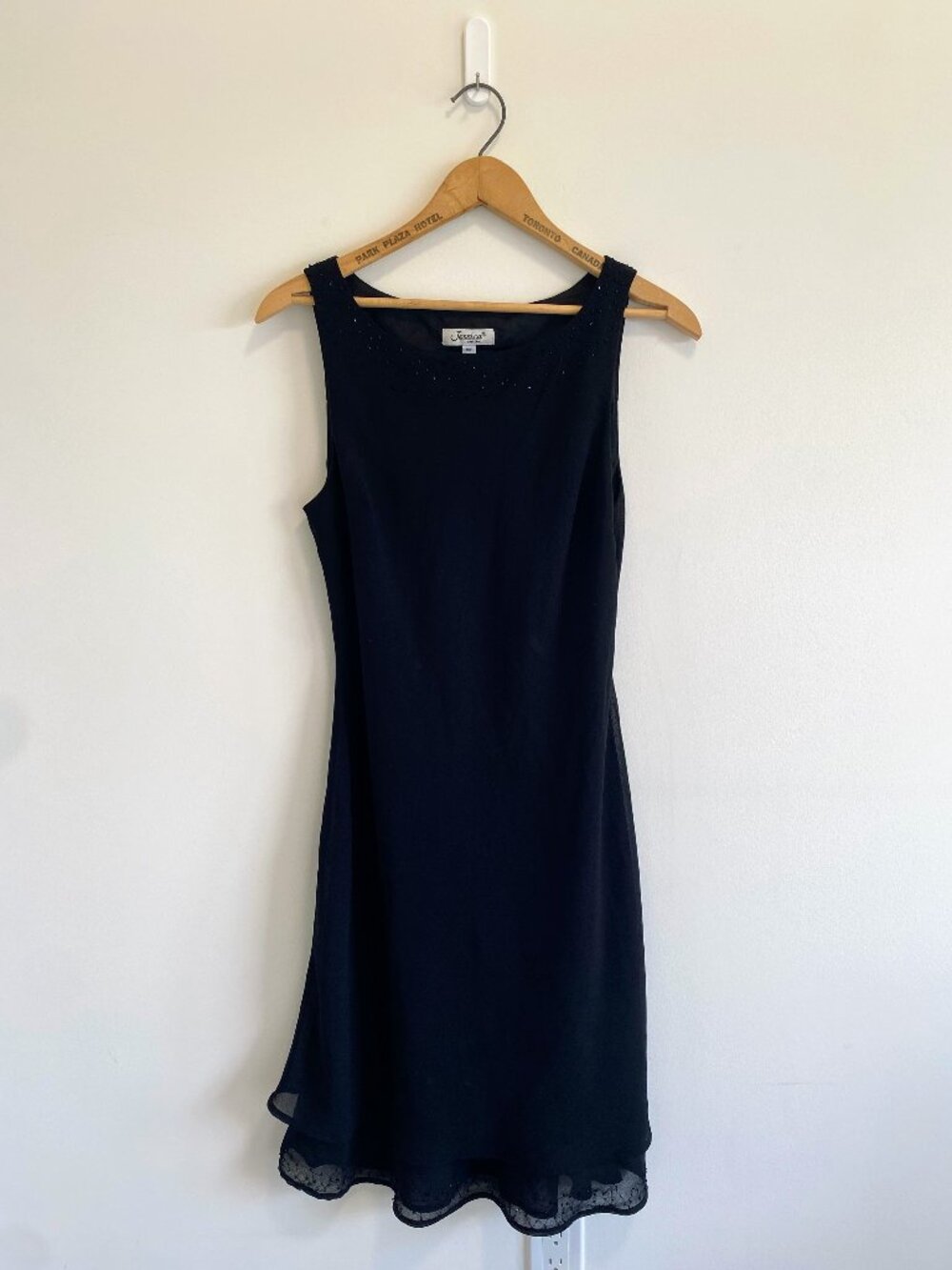 Vintage Sleeveless Shift Dress w/ Bead Detail / Black Chiffon / Y2K
